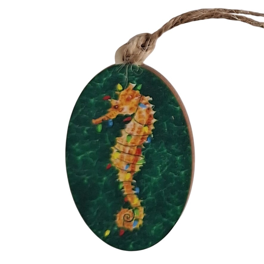 Festive Seahorse Wooden Ornament