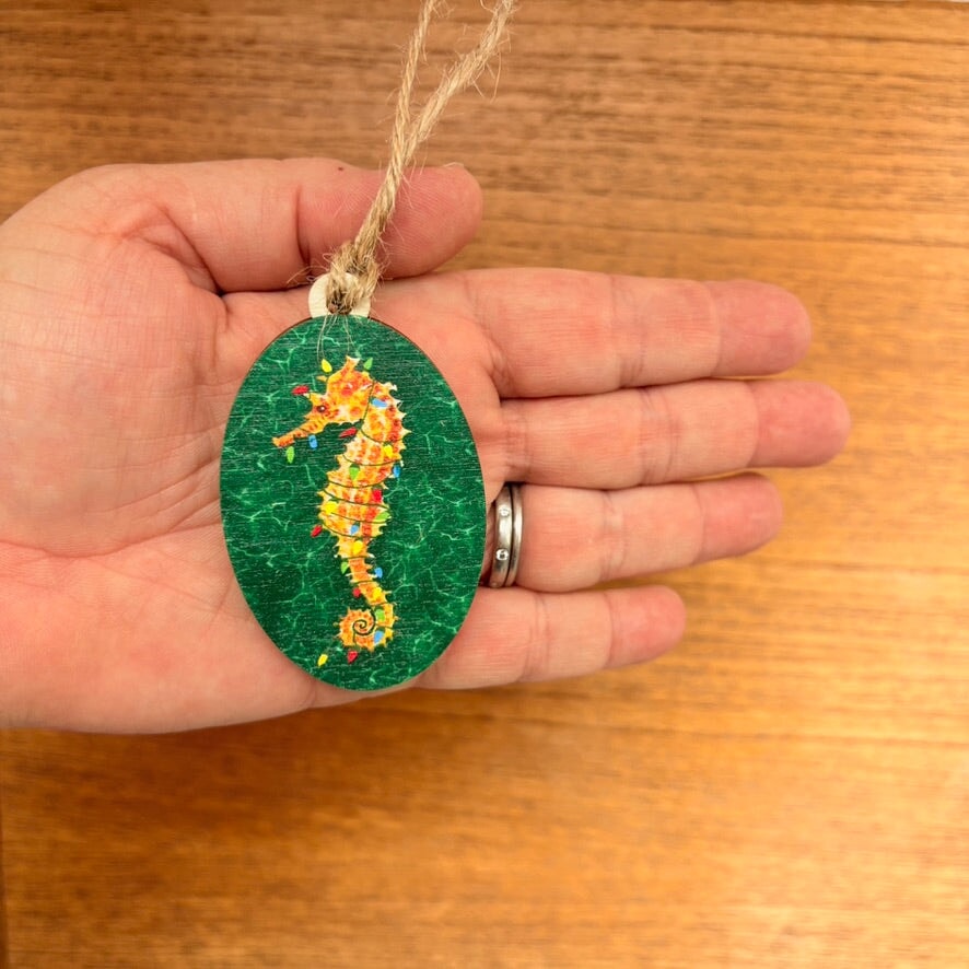 Festive Seahorse Wooden Ornament