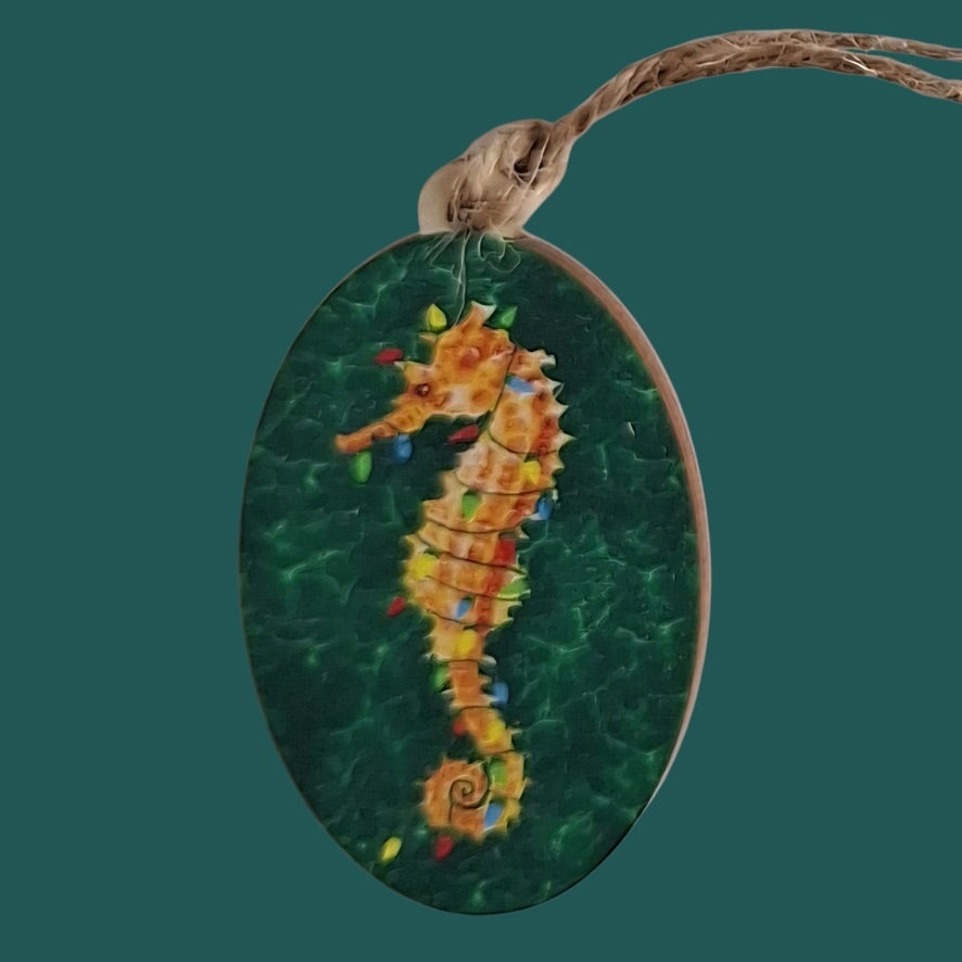 Festive Seahorse Wooden Ornament