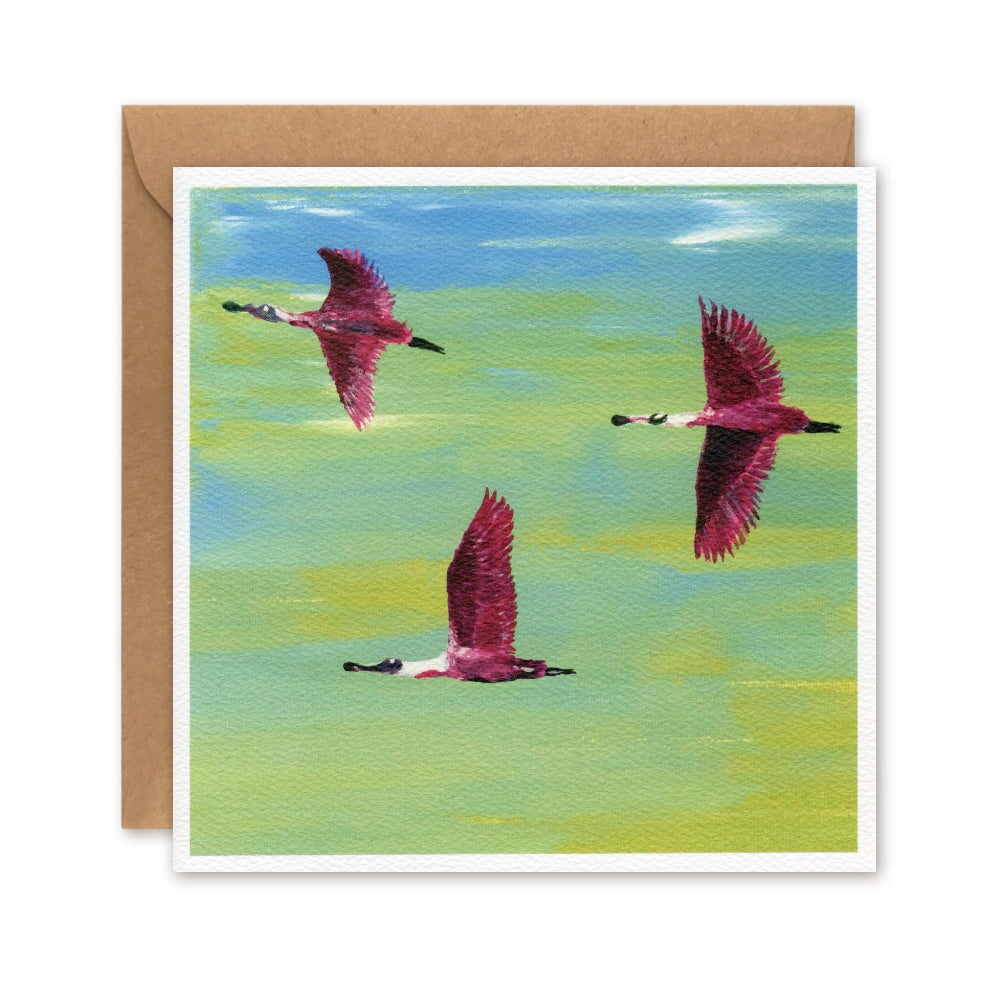 Flying Flamingos Greetings Card
