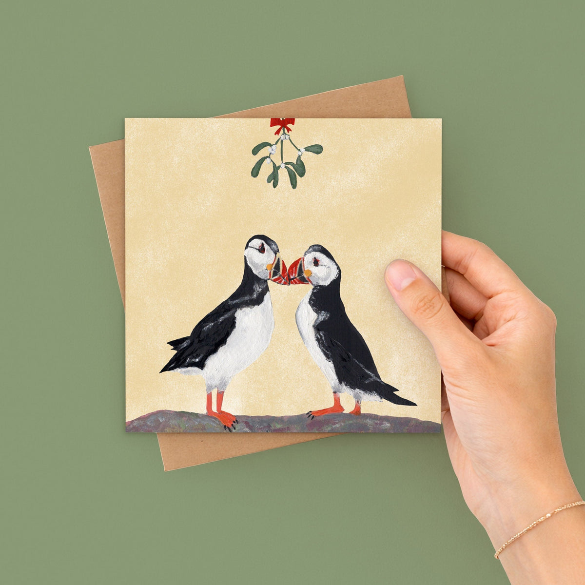 Mistletoe Puffins Greetings Card
