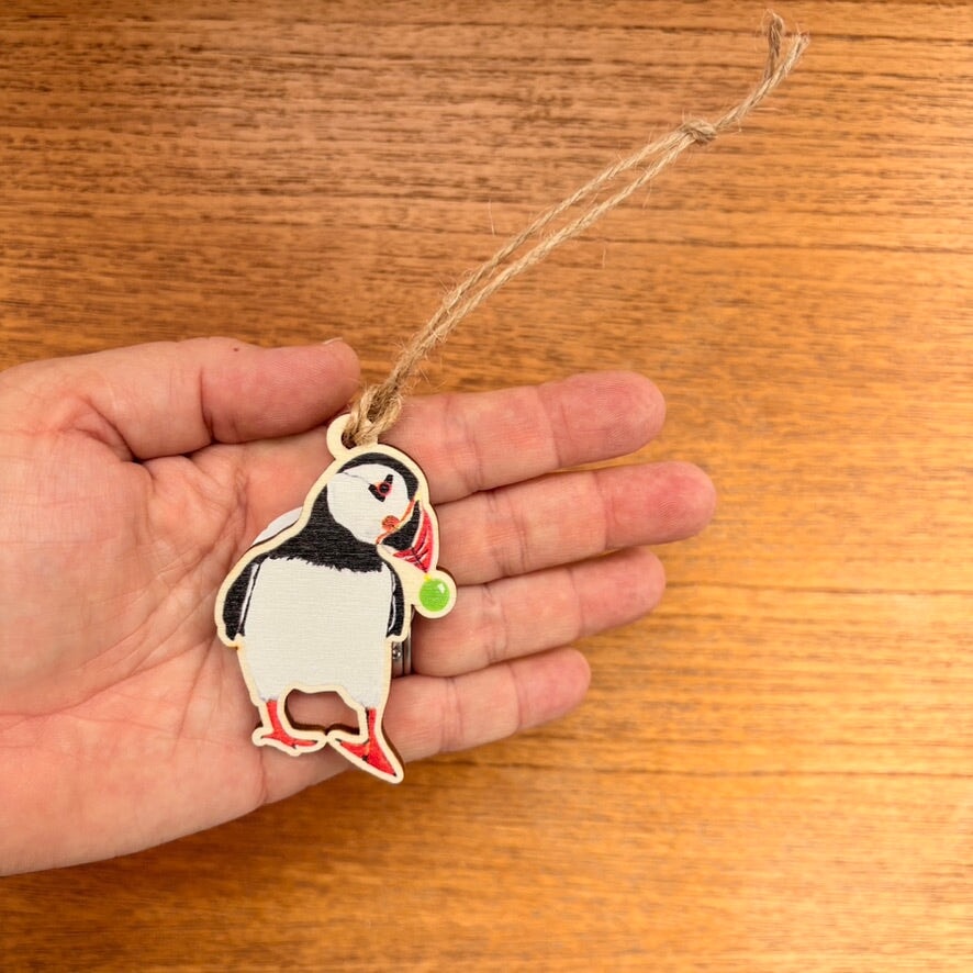 Puffin With Bauble Wooden Ornament