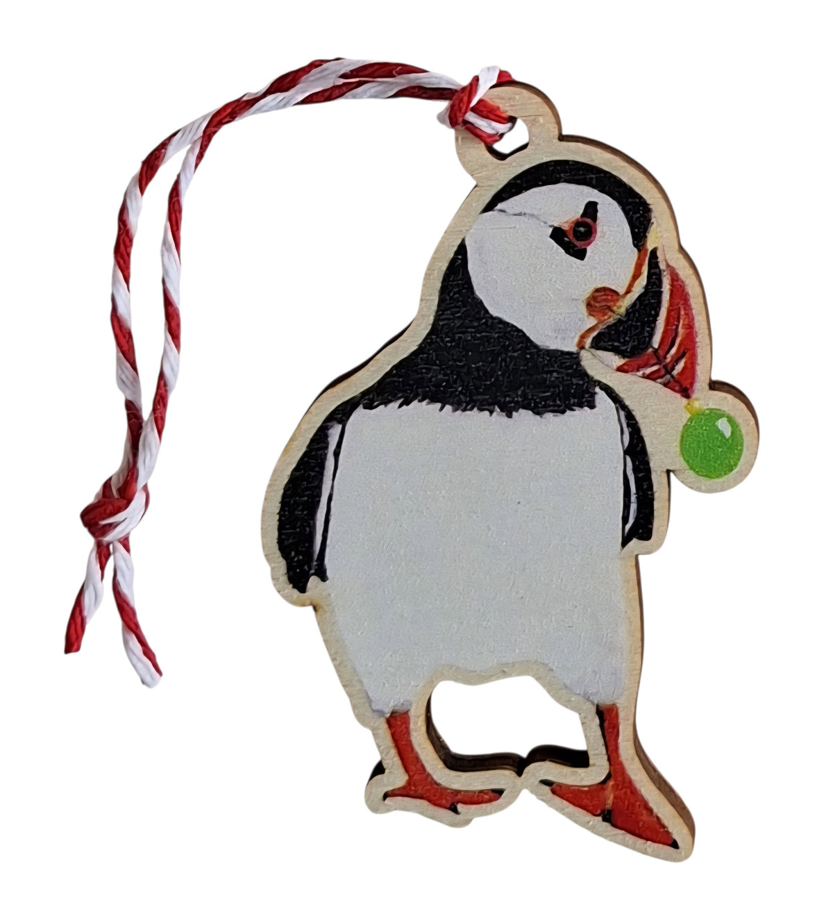 Puffin With Bauble Wooden Ornament