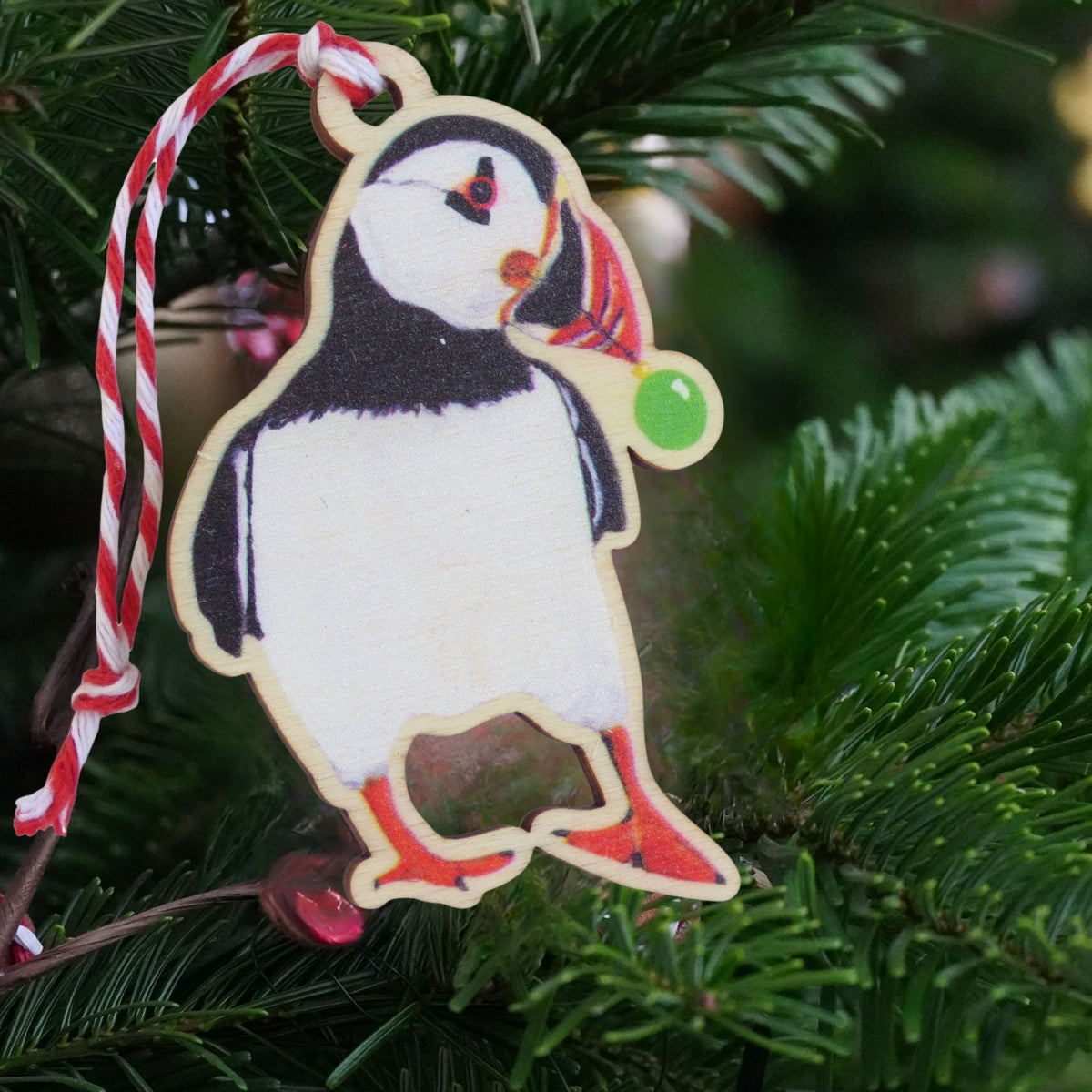 Puffin With Bauble Wooden Ornament
